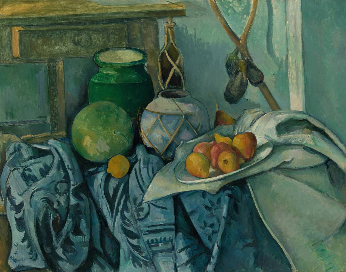 what is still life artwork shown as a curated gallery wall with vintage books, dried lavender, and a small oil painting of pears